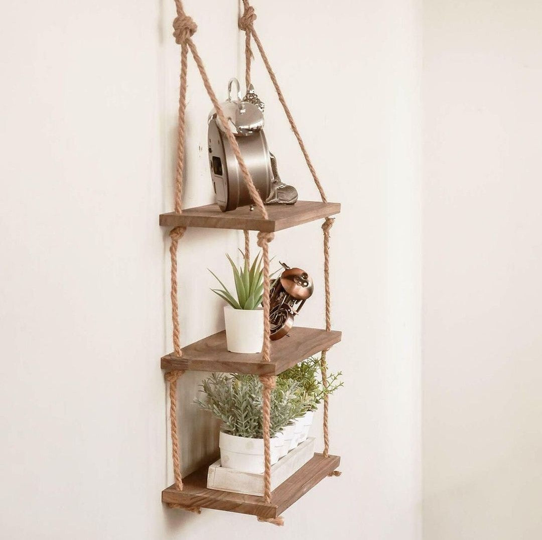 3 Tier Wooden Floating Shelf/Hanging Rope Organizer Rack