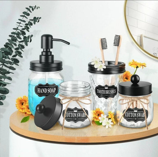 Manson Jars Bathroom Accessories With Black Lids