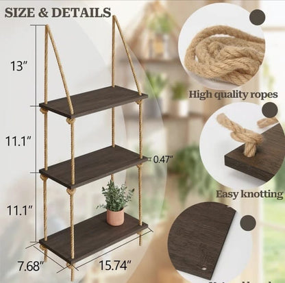 3 Tier Wooden Floating Shelf/Hanging Rope Organizer Rack