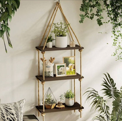 3 Tier Wooden Floating Shelf/Hanging Rope Organizer Rack