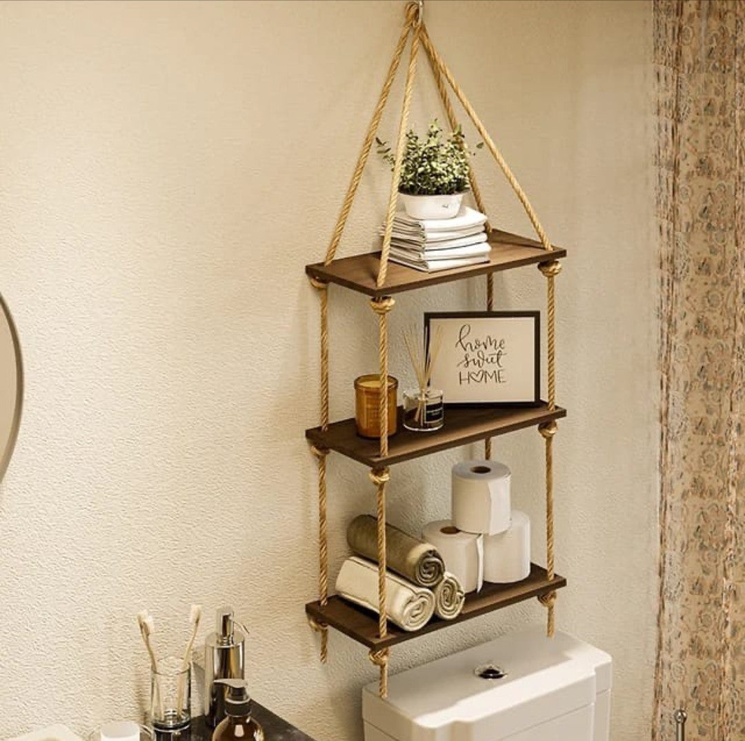 3 Tier Wooden Floating Shelf/Hanging Rope Organizer Rack