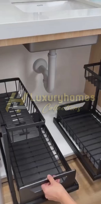 2 tier metallic sliding pull out cabinet organizer rack