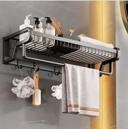 Bathroom wall mounted towel rack accessory with hooks