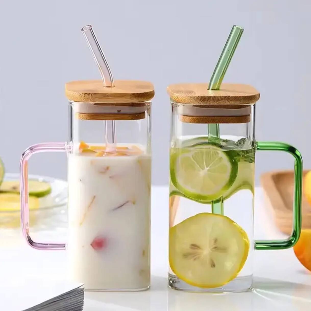 500ml broscillate  square glass with straw(coloured)