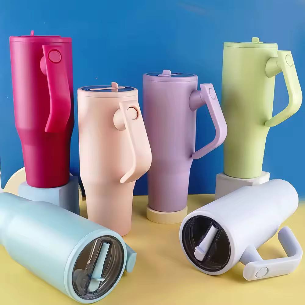 New 1200ml double wall travel cup stainless steel tumbler, vacuum insulated leak proof rotatable handle straw lid mug, Stanley design tumbler
