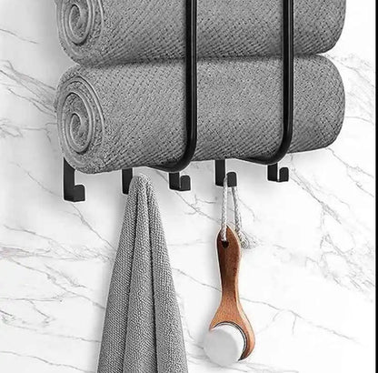 Multifunctional bathroom towel holder with metal shelf and 5 hooks