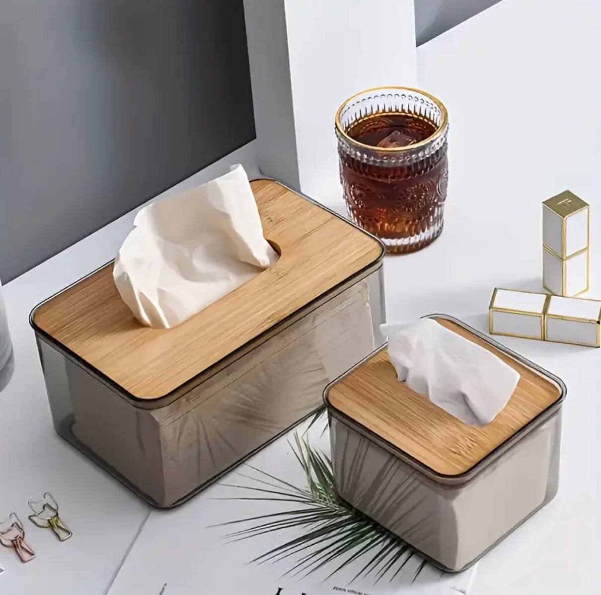 Acrylic transparent serviette holder with bamboo cover