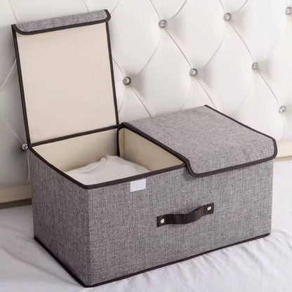 Foldable cotton linen closet storage box with double cover organizer