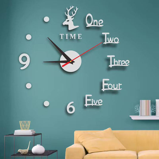 3D Large Roman Numeral Acrylic Mirror Wall Clock Sticker With Deco Deers