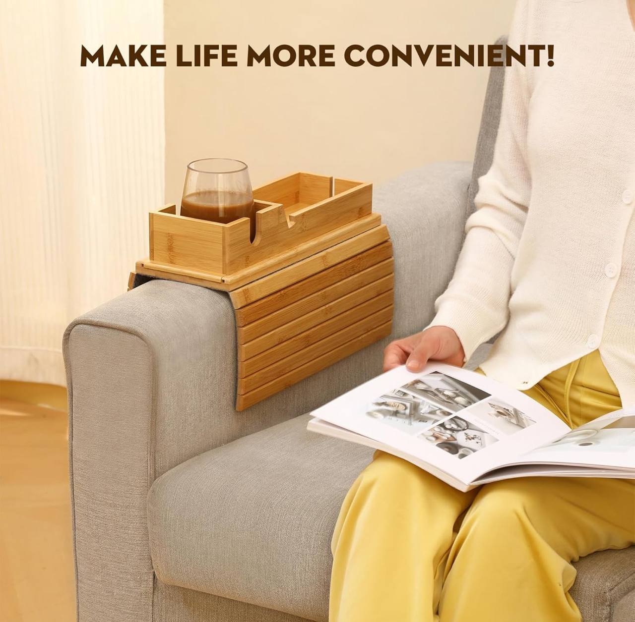 Bamboo sofa arm rest organizer