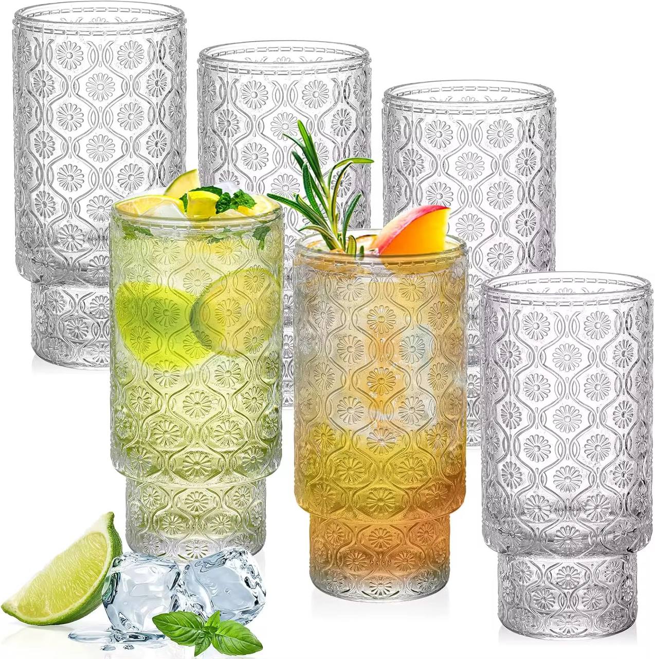 Embossed vintage Ribbed transparent Glass / iced coffe glass 6pc
