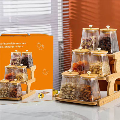 Airtight borosilicate glass, 6pcs storage jar set with bamboo lid and stand