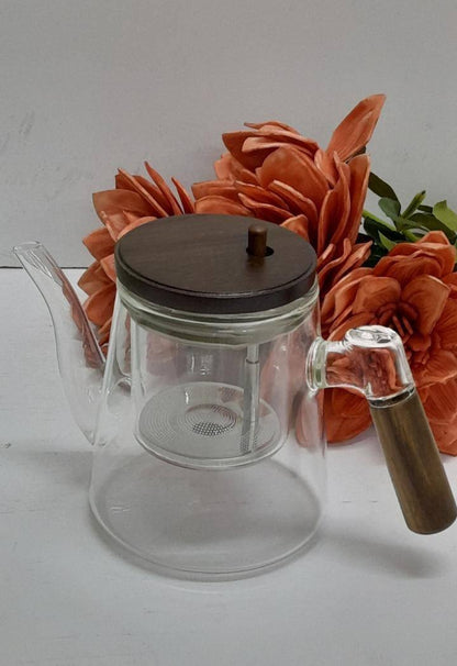 Classy frosted glass tea /beverage pot with bamboo handle