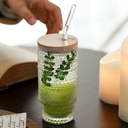 475ml Glass Cups with Lids and Straws, Vintage  Embossed tumbler