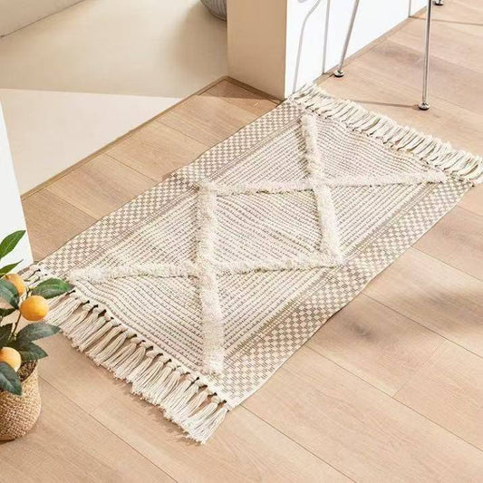 Bohemian Nordic style bedroom rug with tassels