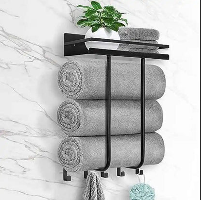 Multifunctional bathroom towel holder with metal shelf and 5 hooks