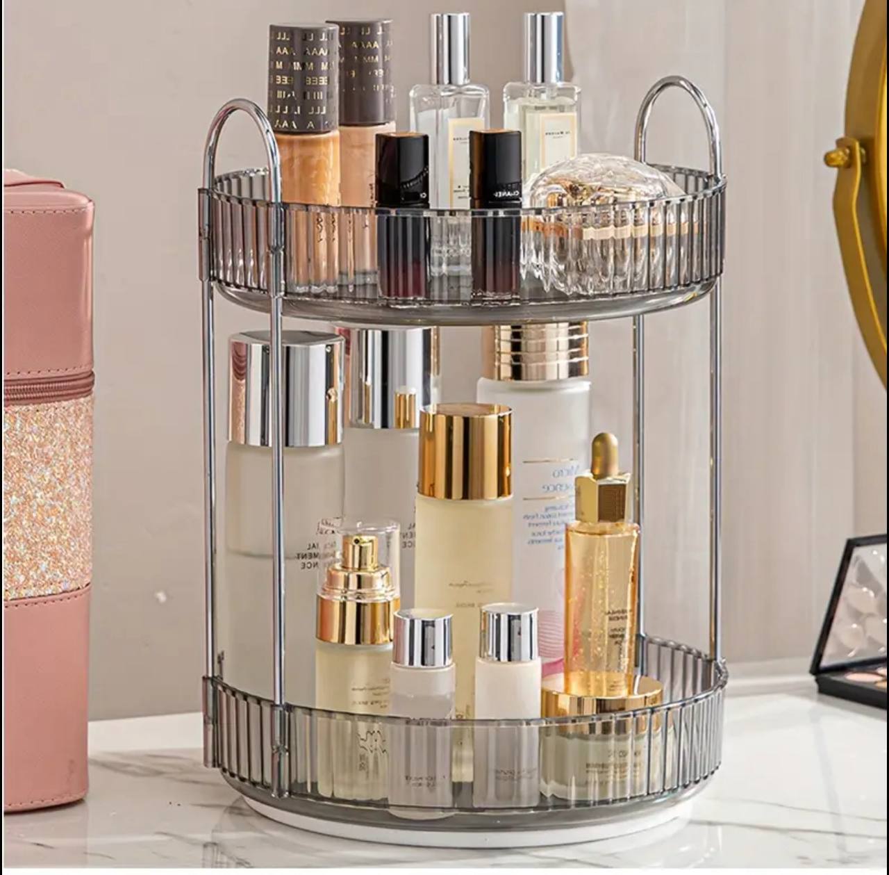 360 DEGREE 2 TIER ROTATING  MULTIFUNCTIONAL TRANSPARENT MAKEUP/COSMETIC ORGANIZER.