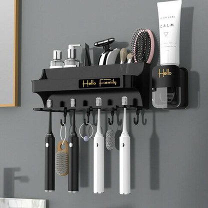 Hello family branded wall mounted toothbrush toothpaste dispenser set (4 cups 4 brush 4 slots 4 hooks 1 toothpastedispenser)