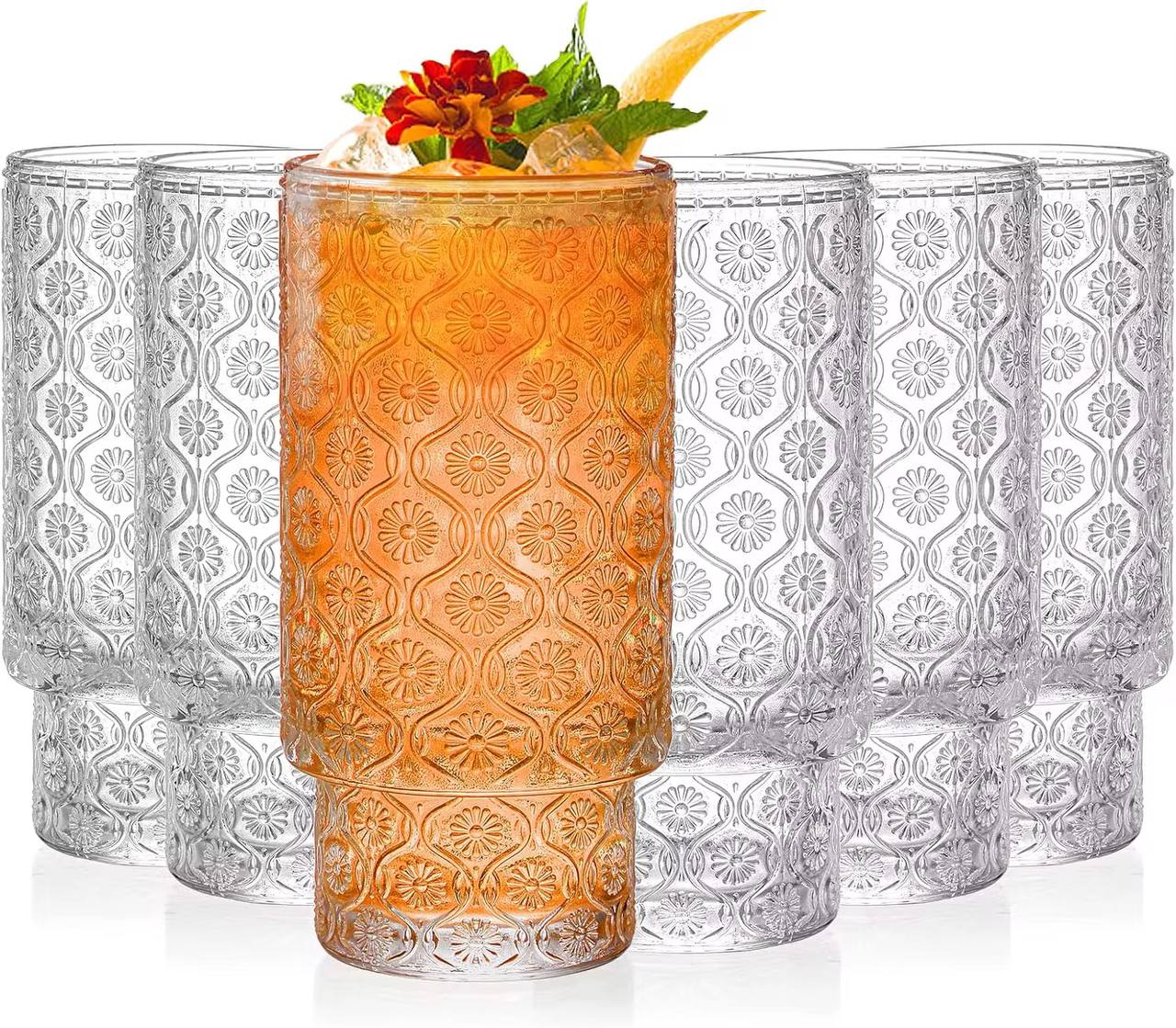 Embossed vintage Ribbed transparent Glass / iced coffe glass 6pc
