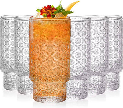 Embossed vintage Ribbed transparent Glass / iced coffe glass 6pc