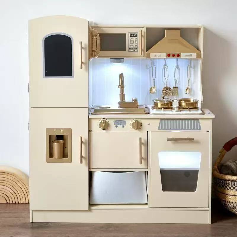 Kitchen Wooden Toy for Kids with Microwave Play Sink Ice Maker Oven Cookware Accessories Playset,