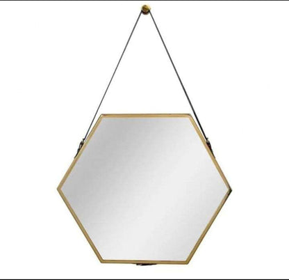Hanging Wall Mirror Geometric Hexagon Wall Decor Mirror with PU Leather Chain