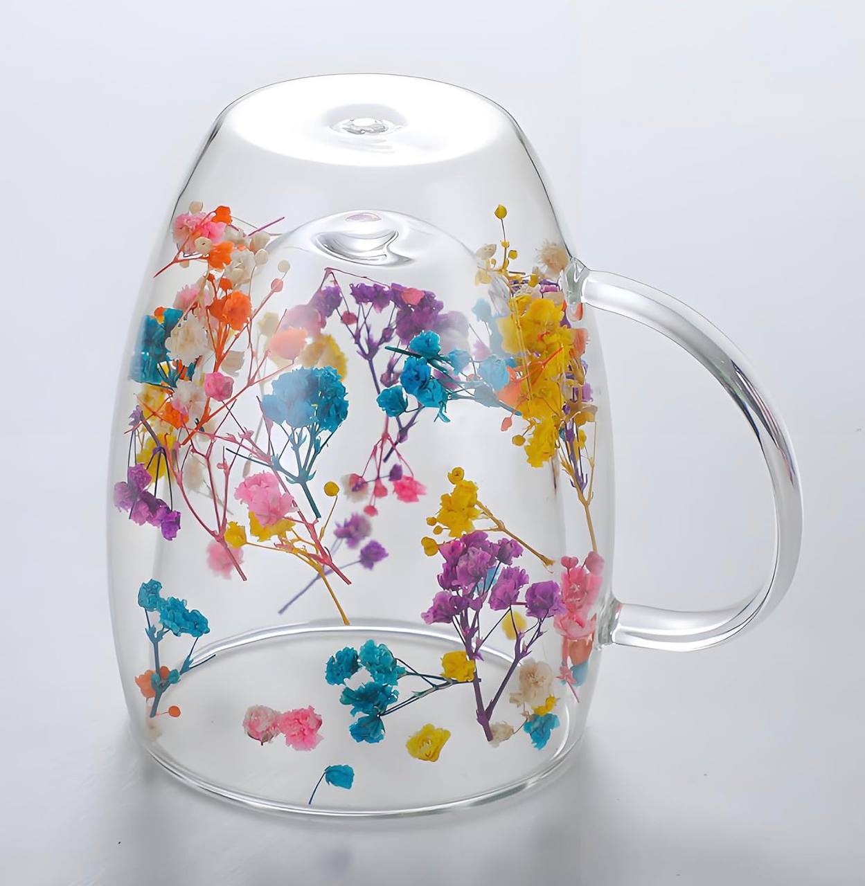 Double Wall Glass Coffee Mug with Colorful Floral Design – Heat Resistant Transparent Tea Cup with Handle, Elegant Insulated Glassware for Hot & Cold Drinks, 350ml