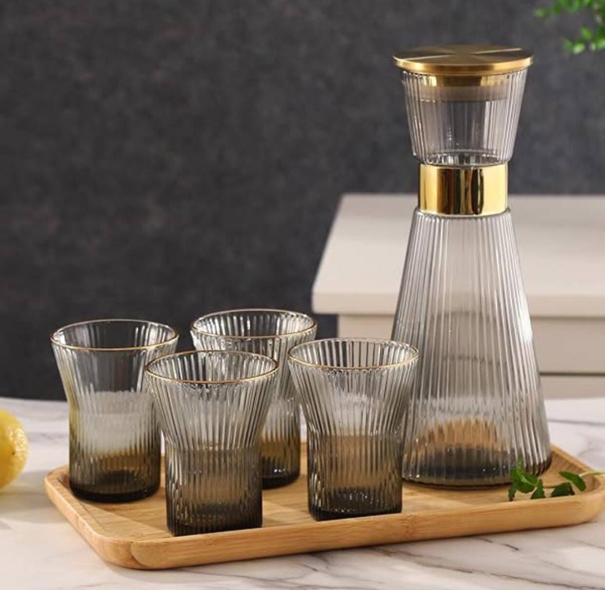 DUJUST Ribbed  Glass Carafe Set,