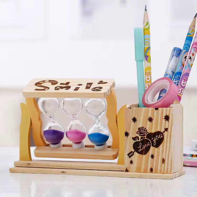 Handicraft Wooden Pen Stand with 3 Hourglass Timer
