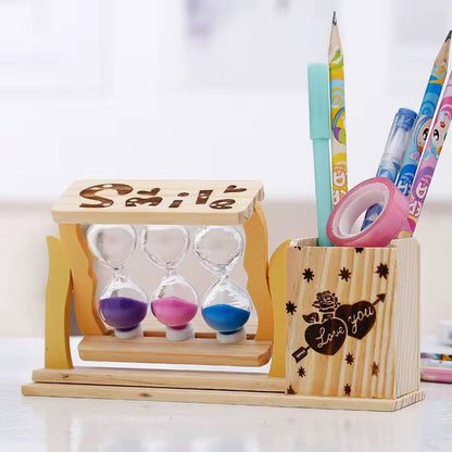 Handicraft Wooden Pen Stand with 3 Hourglass Timer