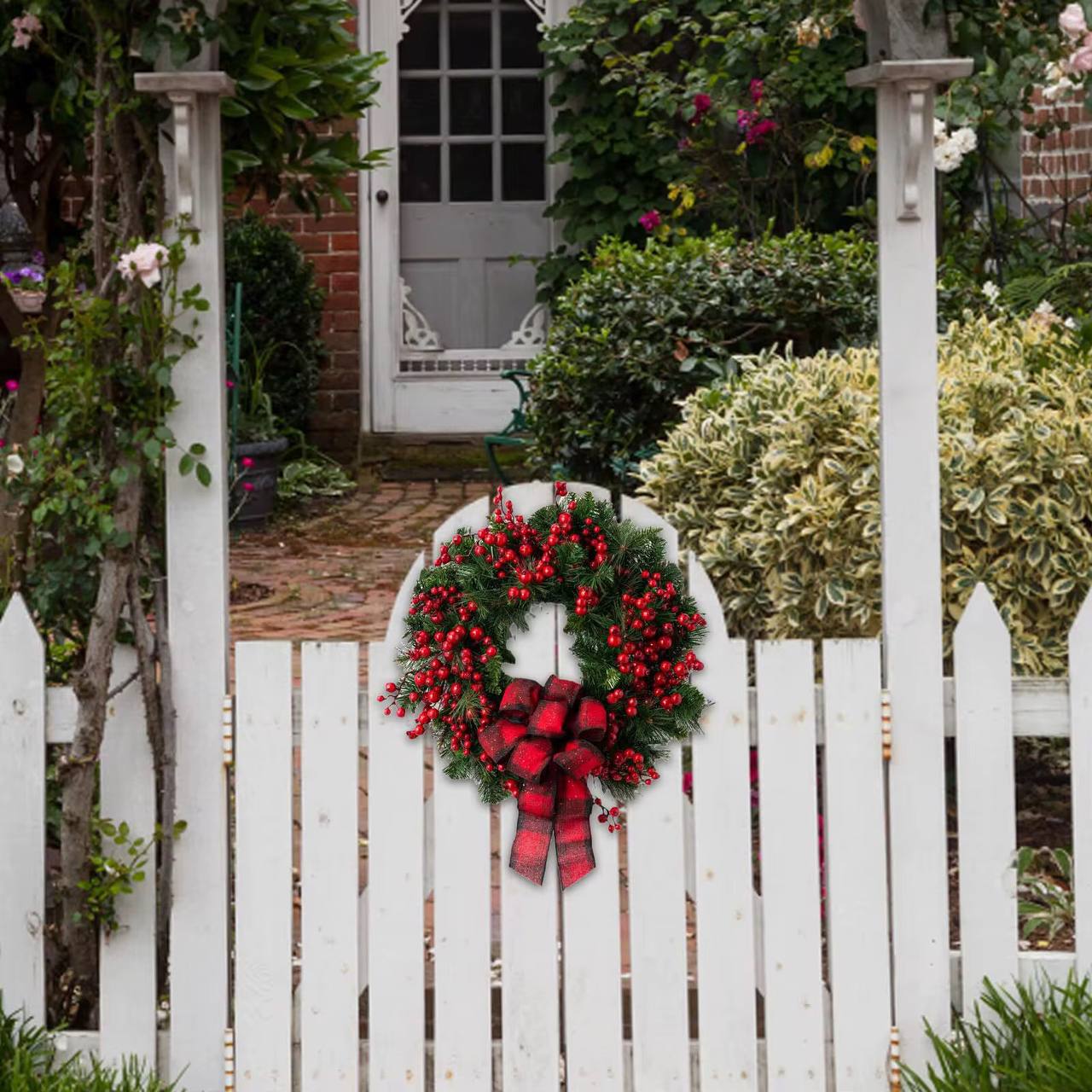 Christmas Red wreath front door hanging with decorations
