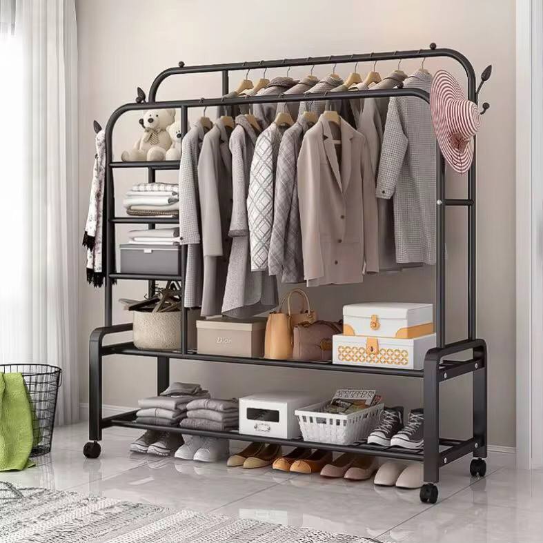 Double Layer Garment Rack Floor  Standing Clothes Hanger