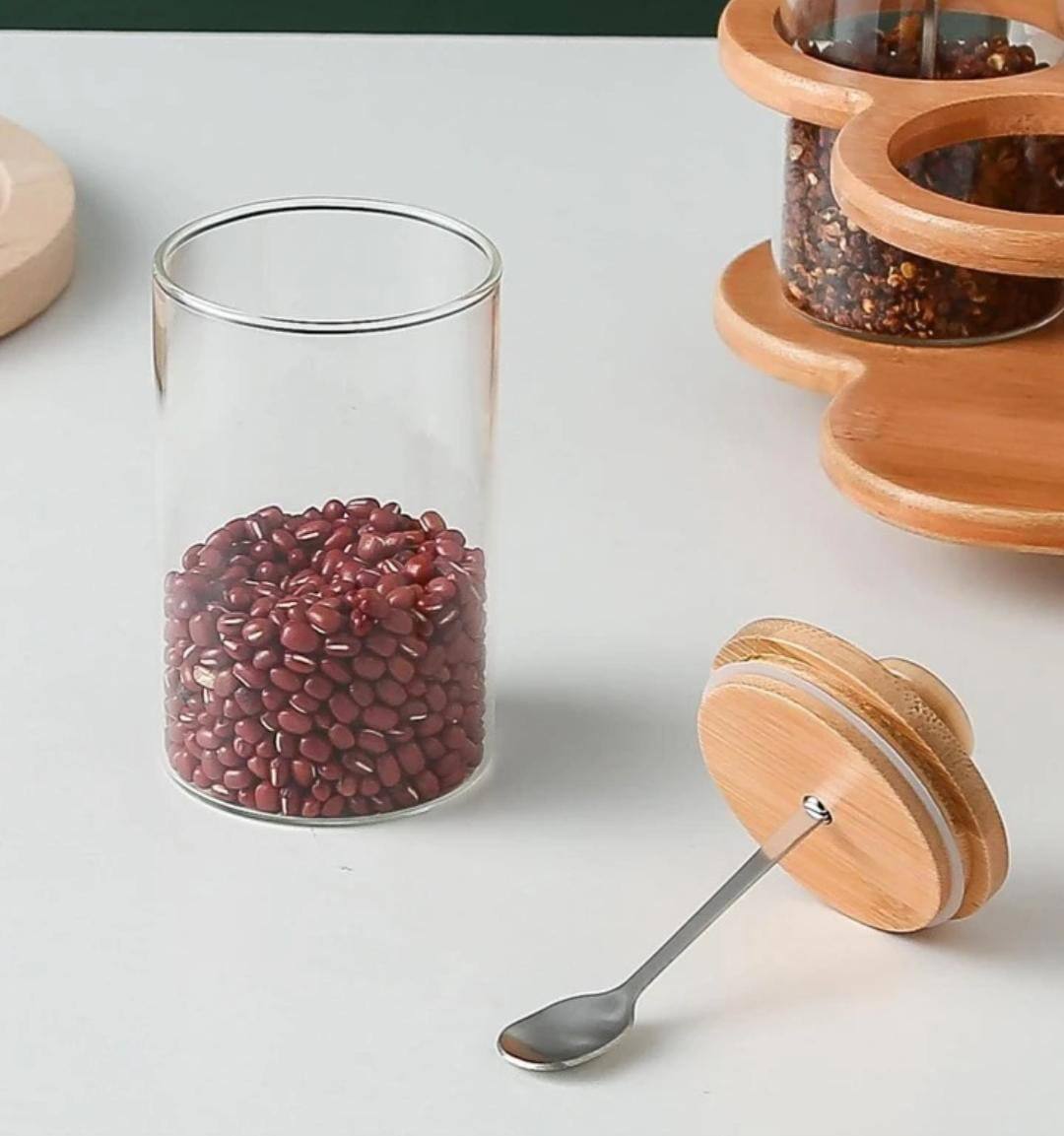 6 in 1 Rotating spice rack 
With spoon /Seasoning set with Bamboo stand