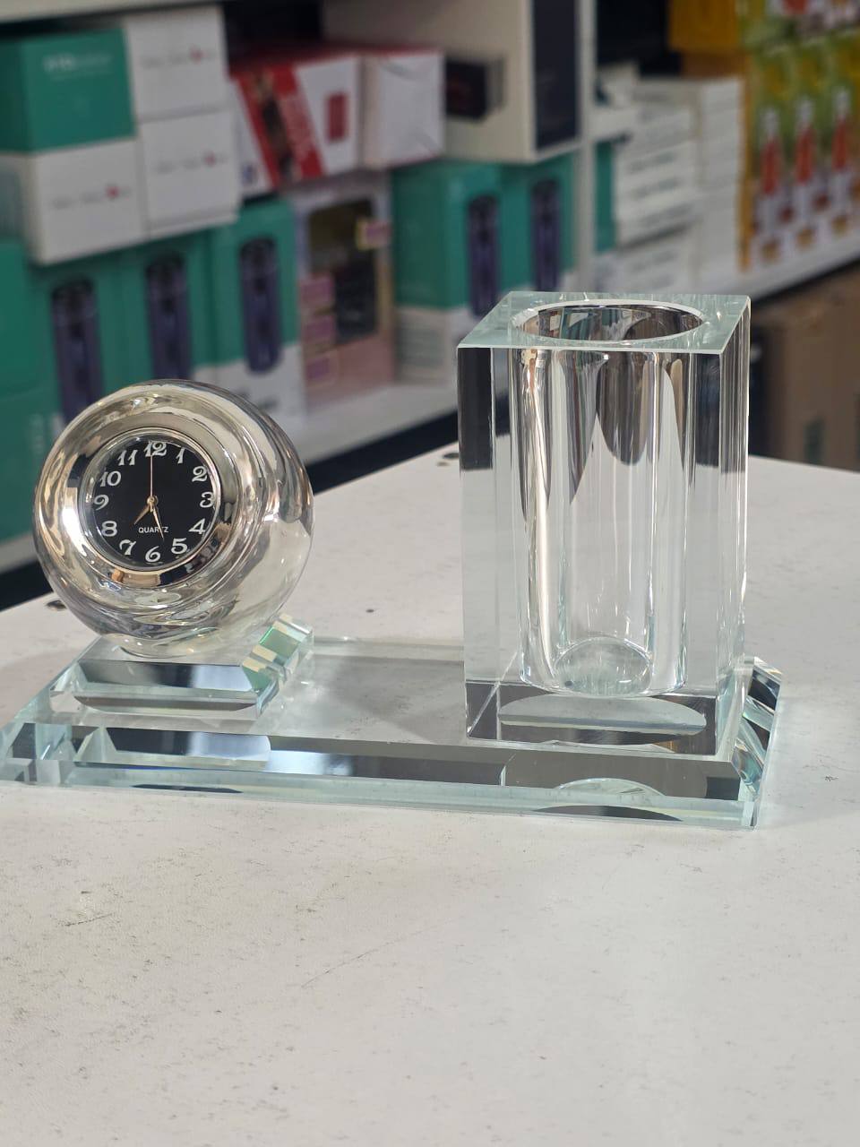 Crystal glass Desktop clock & pen holder set