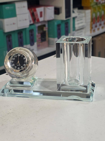 Crystal glass Desktop clock & pen holder set