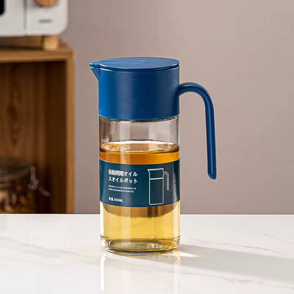 *Automatic Opening blue lid and Closing Oil Bottle, Drip-Free, 550ml, Soy Sauce Dispenser, Stylish Glass Oil Dispenser, Oil Pot, Cooking Oil Dispenser, Olive Oil, Transparent Glass Bottle, Dust proof, Leak-Proof, Soy Sauce, Vinegar, Liquid Condiment Conta