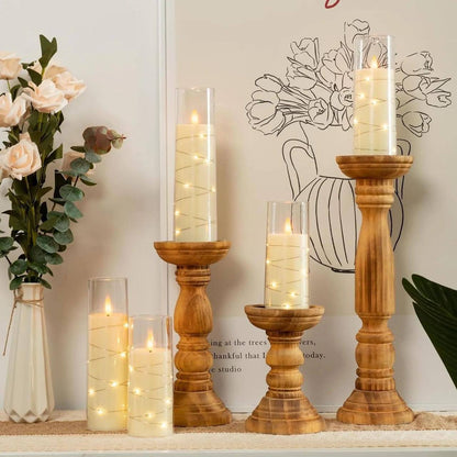 Acrylic flameless LED candles with string light powered by AA batteries remote control operated