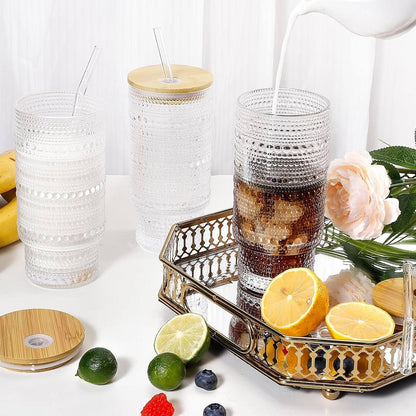 475ml Glass Cups with Lids and Straws, Vintage  Embossed tumbler