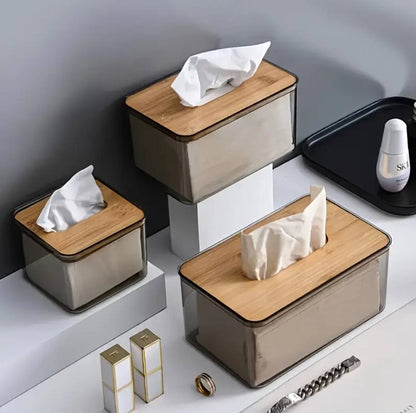 Acrylic transparent serviette holder with bamboo cover