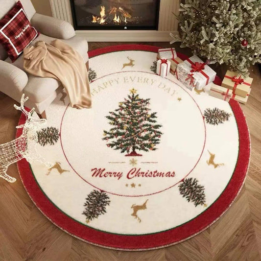 Christmas Circular Carpet Washable Anti Slip Carpet New Year Atmosphere Mat Decoration