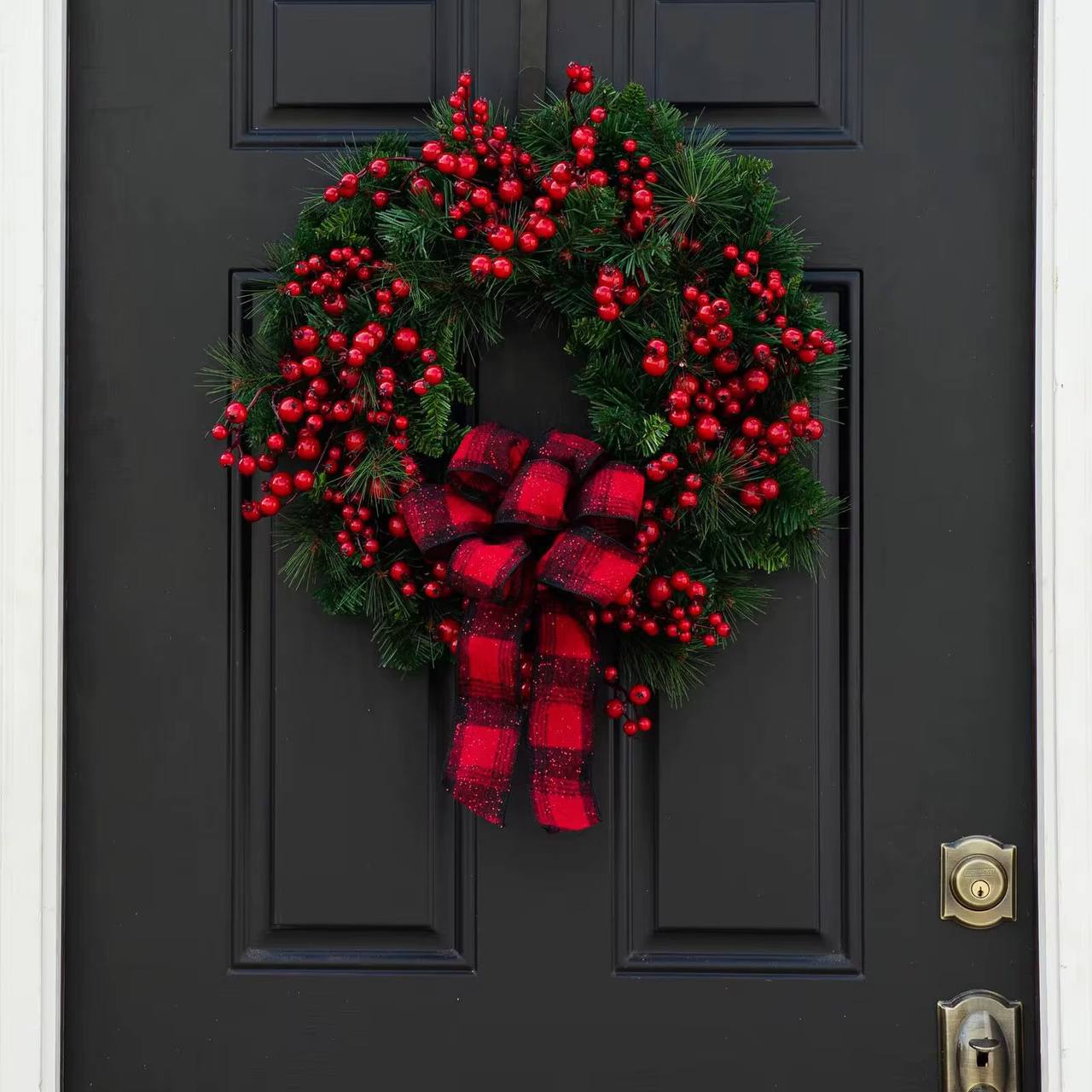 Christmas Red wreath front door hanging with decorations