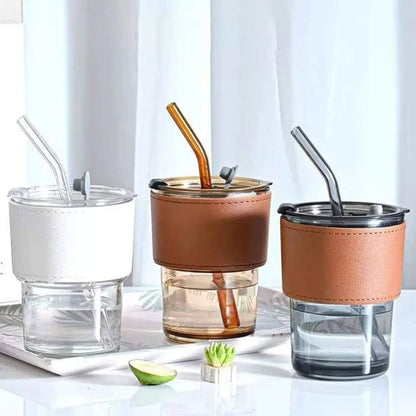 Gorgous slub glass smoothie cup with STRAW and leather cover now available
