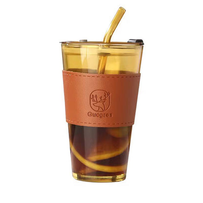 Glass Cups With Cover+Straw+Leather Sleeveand，Reusable Boba Bottle, Iced Coffee Glasses, Travel Tumbler For Bubble Tea