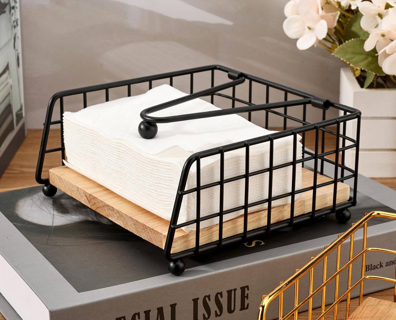 Luxury metallic serviette holder, with Bamboo place on/ napkin holder