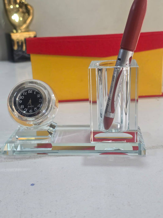 Crystal glass Desktop clock & pen holder set