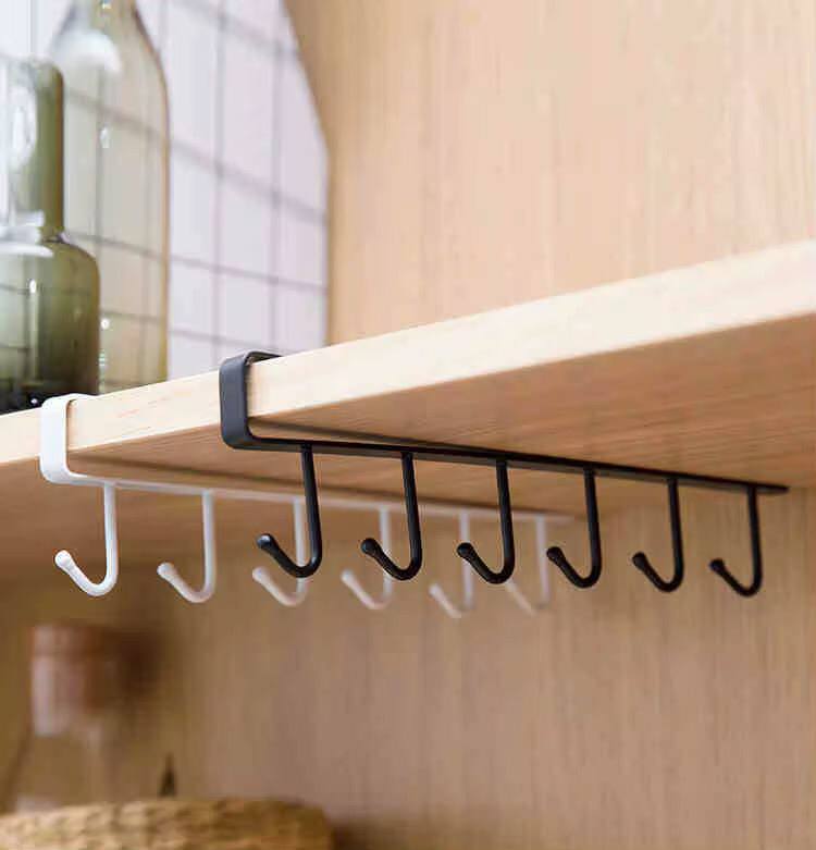 Iron 6 Hook Storage Shelf Wardrobe Cabinet Metal Under Shelve Mug Cup Hanger Bathroom Kitchen Organizer Hanging Rack Holder