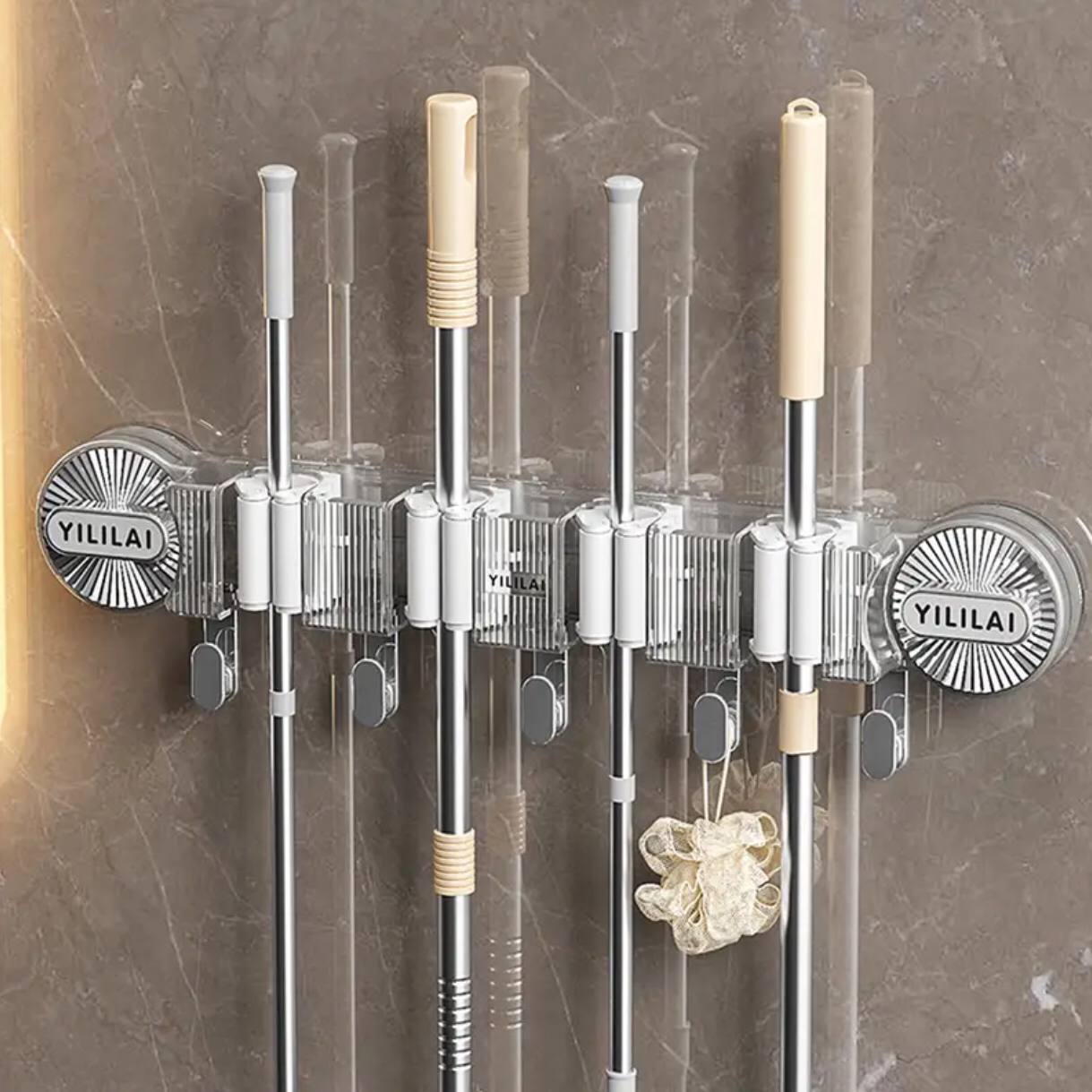 4-Holes Multi-Purpose Hooks Mop Hanger / Rack with  Hanging Hooks & Self adhesive Stickers