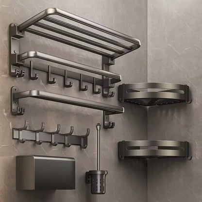 7pcs Black Multifunctional Aluminum Bath Towel Storage Rack Set Bathroom Storage Rack