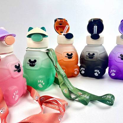 Adorable bear-shaped bottle with a stylish hat or headphone design, sturdy build, and matching strap.