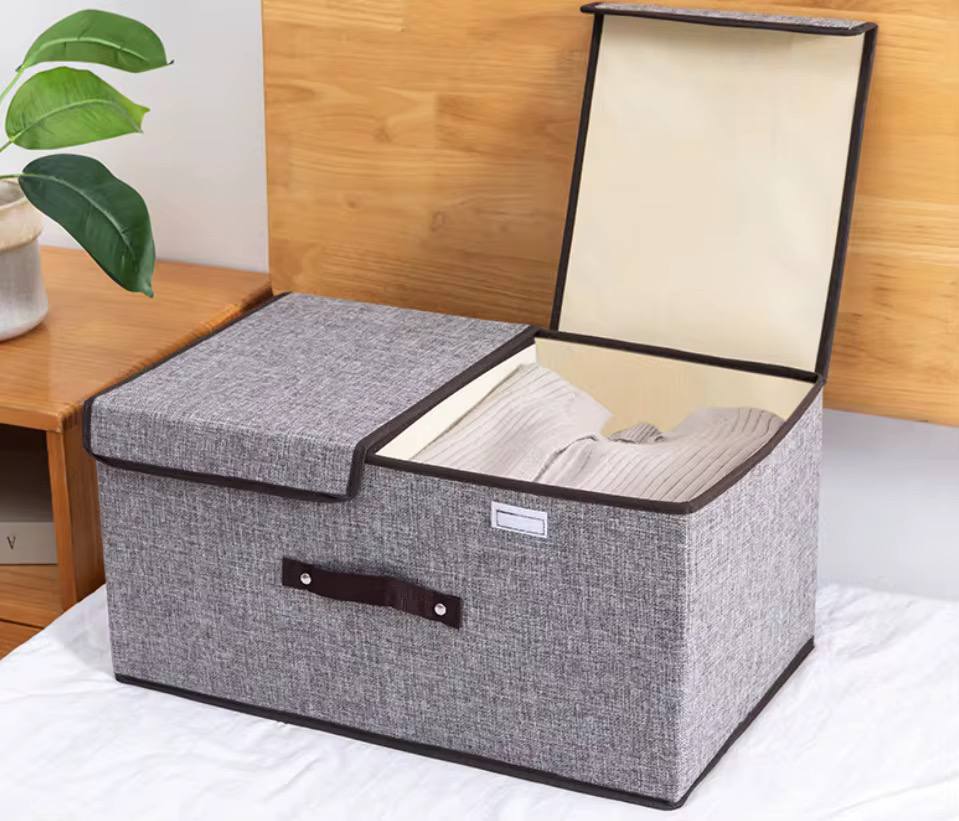 Foldable cotton linen closet storage box with double cover organizer